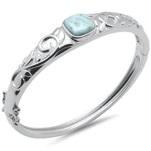 Load image into Gallery viewer, Sterling Silver Natural Larimar Flower Engraved Bangle Bracelet
