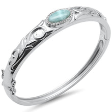 Load image into Gallery viewer, Sterling Silver Natural Larimar And CZ Flower Engraved Bangle Bracelet