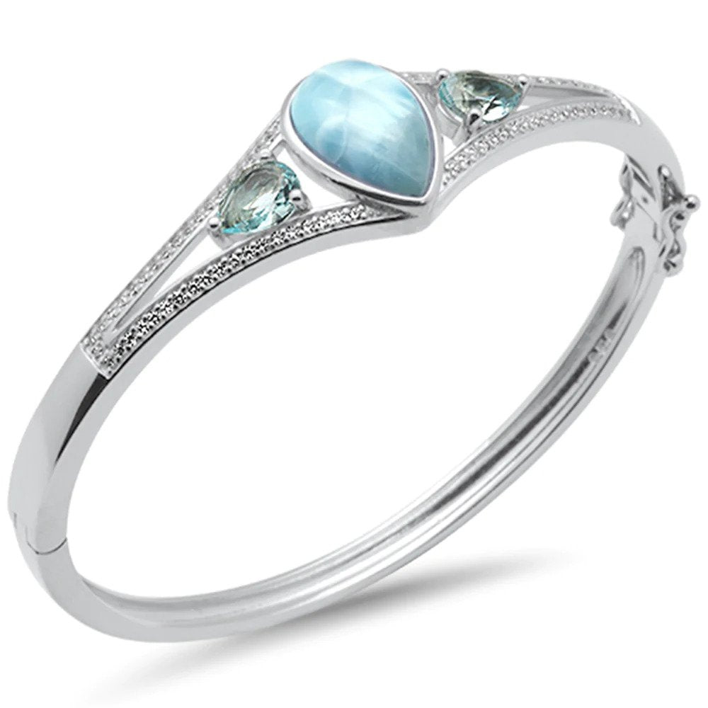 Sterling Silver Pear Shaped Natural Larimar Aquamarine And CZ Bangle Bracelet