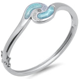 Sterling Silver Natural Larimar And CZ Bangle Bracelet