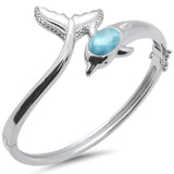 Sterling Silver Dolphin Natural Larimar And CZ Bangle Bracelet
