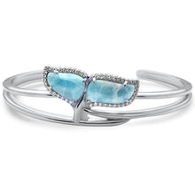 Load image into Gallery viewer, Sterling Silver Whale Tail Natural Larimar And CZ Bangle Bracelet