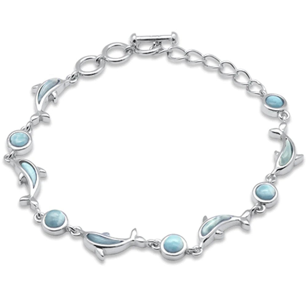 Sterling Silver Dolphins Natural Larimar Bracelet