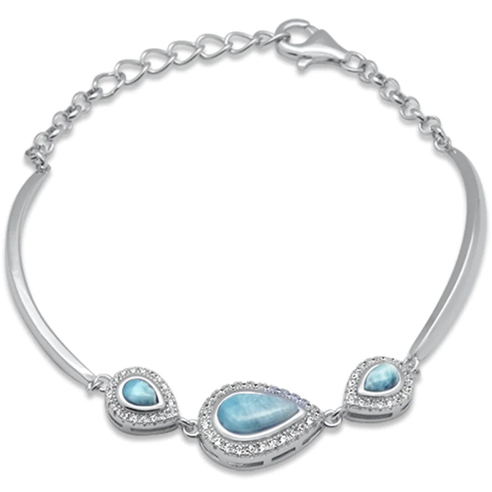 Sterling Silver Teardrop Natural Larimar And CZ Bracelet