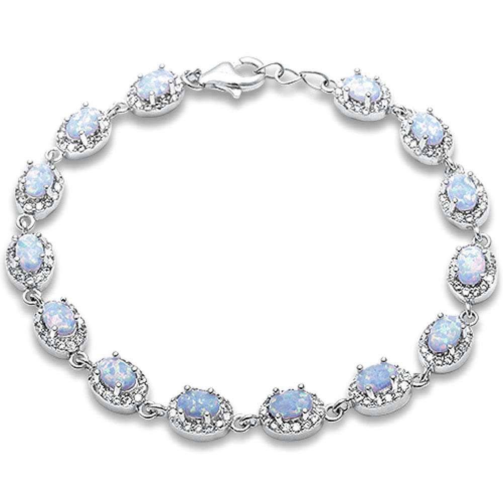 Sterling Silver Oval White Fire Opal and Cubic Zirconia Silver Bracelet with CZ StonesAndWidth 7mm