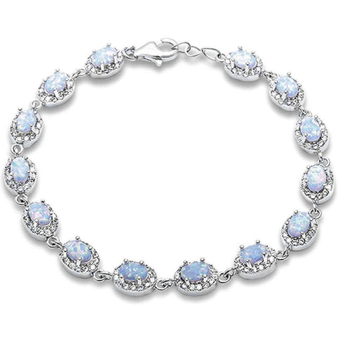 Sterling Silver Oval White Fire Opal and Cubic Zirconia Silver Bracelet with CZ StonesAndWidth 7mm