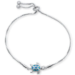 Sterling Silver Blue Opal Turtle Adjustable Toggle Bola Bracelet, size 7 to 9 inches
