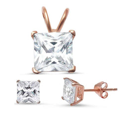 Sterling Silver Rose Gold Plated Princess Cut Cz Pendant & Earrings Set