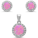 Sterling Silver Round Halo Pink Opal And Cubic Zirconia Pendant And Earrings