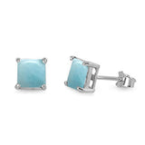 Sterling Silver Princess Cut Natural Larimar Stud Earrings