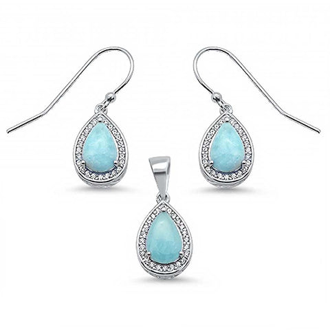 Sterling Silver Pear Shape Natural Larimar Clear CZ Earring And Pendant Set
