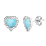 Sterling Silver Natural Larimar & Cz Heart Stud Earrings
