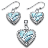 Sterling Silver Natural Larimar And CZ Heart Earring And Pendant Set