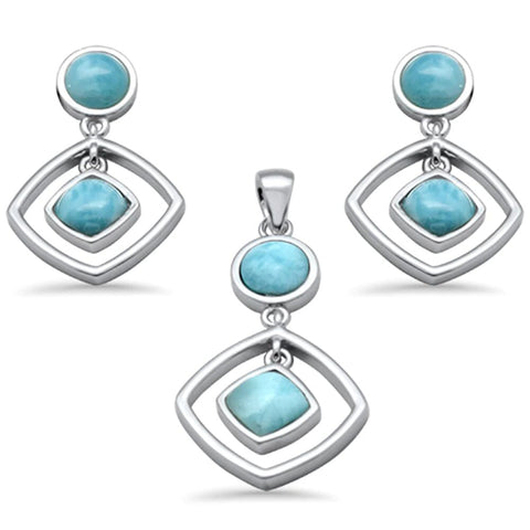 Sterling Silver Natural Larimar Dangling Pendant and Earring Set