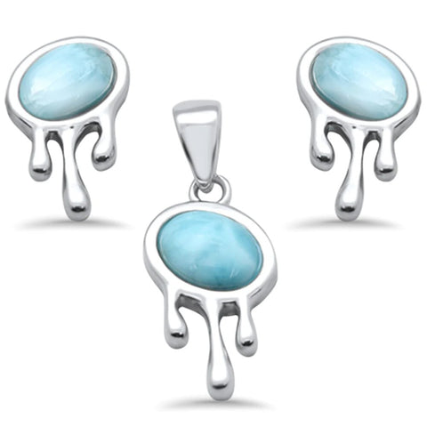 Sterling Silver Oval Natural Larimar Jellyfish Pendant and Earring Set