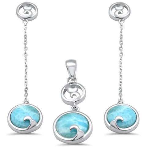 Sterling Silver Natural Larimar Wave Dangling Pendant and Earring Set