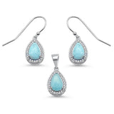 Sterling Silver Pear Shape Natural Larimar and Cz Earring and Pendant Set