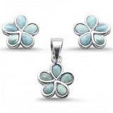 Sterling Silver Plumeria Flower Natural Larimar Earring And Pendant Set