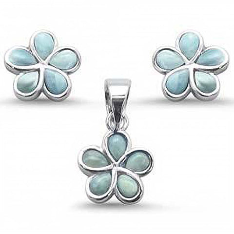 Sterling Silver Plumeria Flower Natural Larimar Earring And Pendant Set