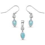 Sterling Silver Natural Larimar Teardrop and Cz Dangle Earring and Pendant Set