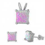 Sterling Silver Princess Cut Pink Fire Opal Earrings And Pendant SetAnd Pendant Width 8mmAnd Earrings Thickness 6mm