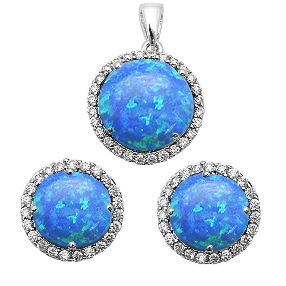 Sterling Silver Blue Opal And Cubic Zirconia Pendant And Earring Set