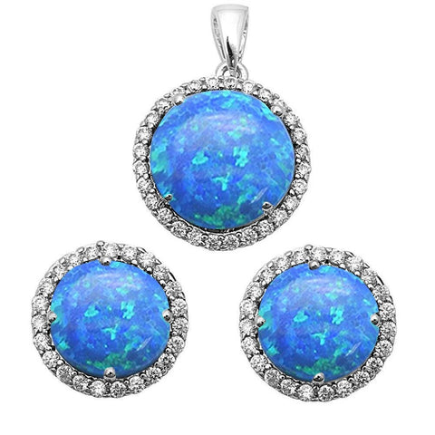 Sterling Silver Blue Opal And Cubic Zirconia Pendant And Earring Set