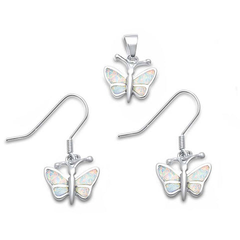 Sterling Silver White Fire Opal Butterfly Fish Hook Backing Pendant And Earrings SetAnd Length 3/4 x .5 Inch
