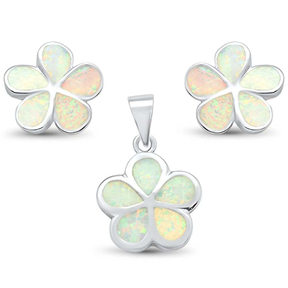 Sterling Silver White Opal Plumeria Stud Earrings And Pendant