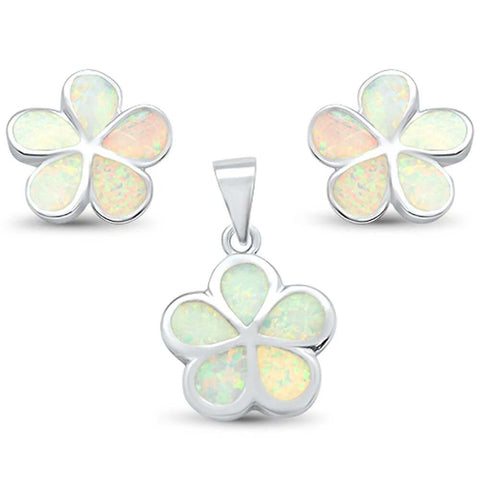 Sterling Silver White Opal Plumeria Stud Earrings And Pendant