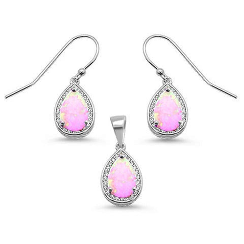 Sterling Silver Pear Shape Pink Opal and Cubic Zirconia Earring and Pendant Set