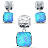 Sterling Silver Blue Opal Princess Cut Top And Bottom Dangle Pendant And Earrings