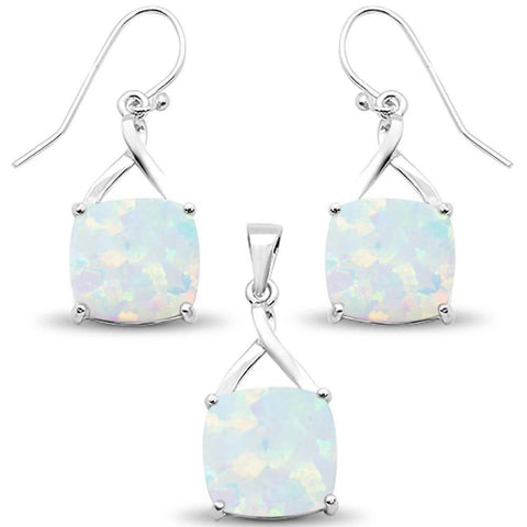 Sterling Silver White Opal Cushion Dangle Earring And Pendant Set
