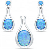 Sterling Silver Blue Opal Oval Tear Drop Dangle Earring And Pendant Set