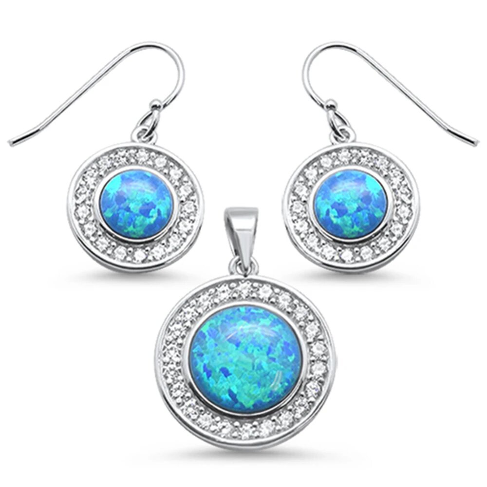 Sterling Silver Round Blue Opal And Cubic Zirconia Earrings And Pendant Set
