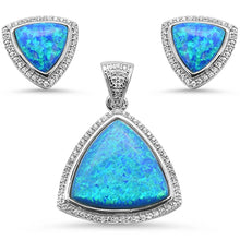 Load image into Gallery viewer, Sterling Silver Blue Opal And Cubic Zirconia Trillion Shape Pendant And Earring Set