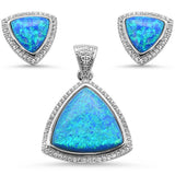 Sterling Silver Blue Opal And Cubic Zirconia Trillion Shape Pendant And Earring Set