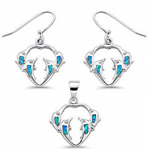 Sterling Silver Blue Opal Dolphin Dangling Earring and Pendant Set