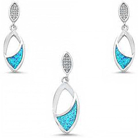 Sterling Silver Blue Opal and Cubic Zirconia Leaf Shape Dangling Earring and Pendant Set