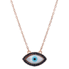 Sterling Silver Turkish Rose Gold Plated Black Cubic Zirconia Evil Eye Pendant Necklace and Width 8mm