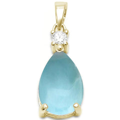 Sterling Silver Yellow Gold Plated Pear Shape Natural Larimar And Cubic Zirconia Pendant