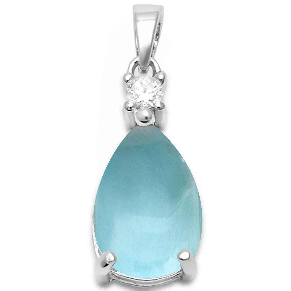 Sterling Silver Pear Shape Natural Larimar and Cubic Zirconia Pendant