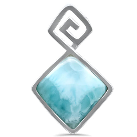 Sterling Silver Diamond Shaped Natural Larimar Greek Design Pendant Necklace 16-18