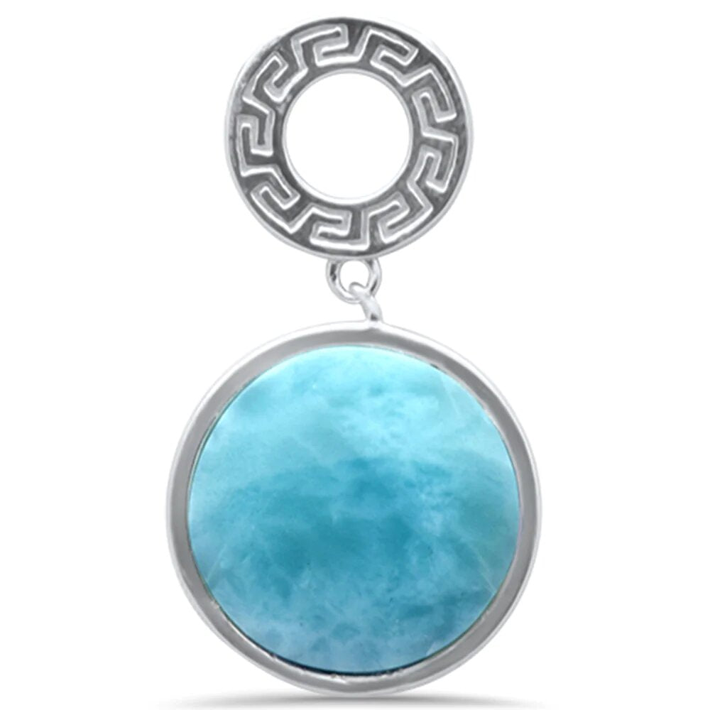 Sterling Silver Round Natural Larimar Greek Design Pendant Necklace 16-18" Extension
