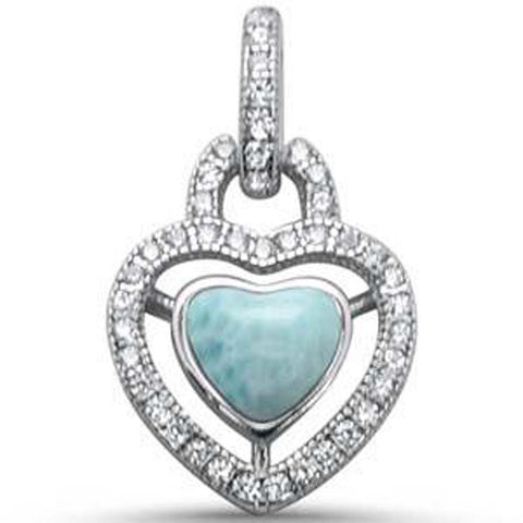 Sterling Silver Elegant Halo Style Natural Larimar Heart Charm Pendant