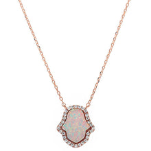 Load image into Gallery viewer, Sterling Silver Trendy Rose Gold Plated White Opal Hamsa Pendant Necklace with CZ StonesAnd Width 15 mm