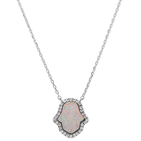 Sterling Sliver White Opal Hamsa With CZ Stones NecklaceAnd Width 15mm