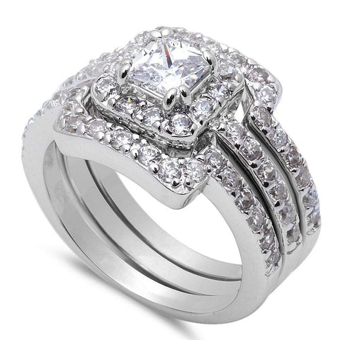 Sterling Silver 3 PIECE ENGAGEMENT BRIDAL Set Silver Ring with CZ Stones