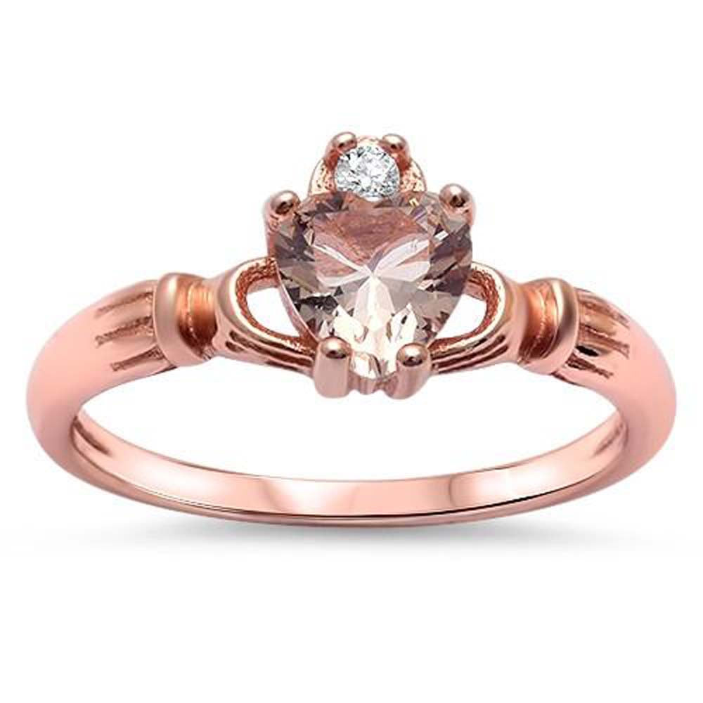 Sterling Silver Morganite and CZ Irish Claddagh Rings, Width 9mm