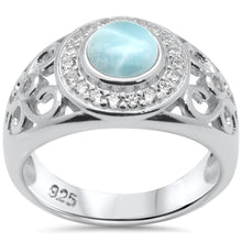 Load image into Gallery viewer, Sterling Silver Round Shaped Halo Filigree Natural Larimar And CZ Ring
